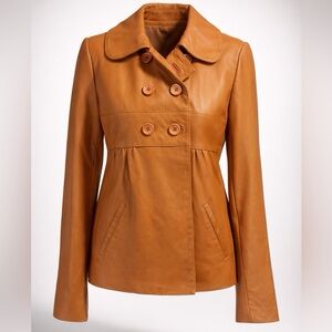 ba&sh 2000s Cognac Double-Breasted Leather Jacket, 2, GUC